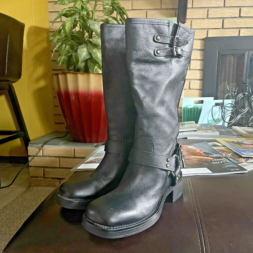 Steve Madden Harness Astor Knee High Boots Black Leather Women's Size 6 Moto